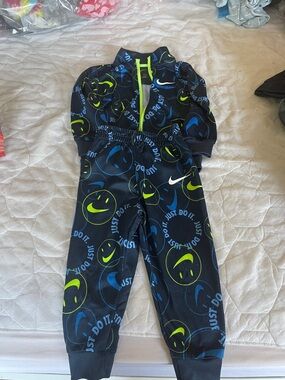 Nike Black One-Piece Jumpsuit with Blue and Neon Yellow Smiley Print